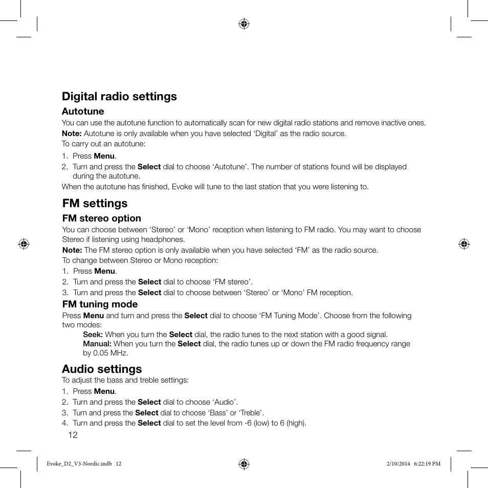 Digital radio settings, Fm settings, Audio settings | Pure Evoke D2 User Manual | Page 14 / 36