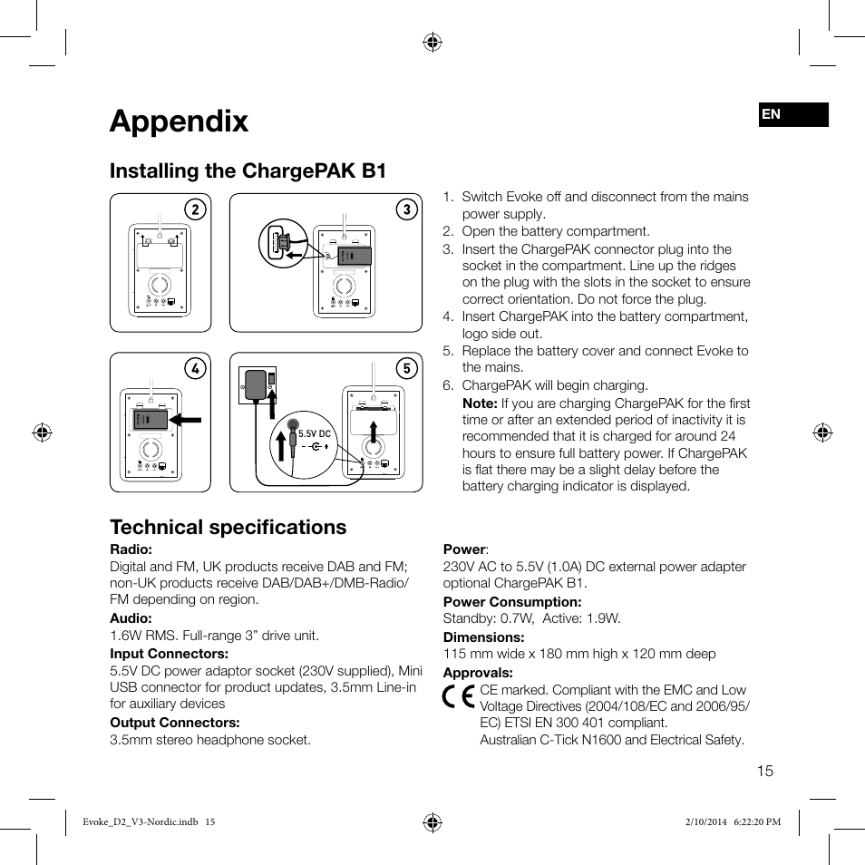 Appendix, Installing the chargepak b1, Technical specifications | Pure Evoke D2 User Manual | Page 17 / 36