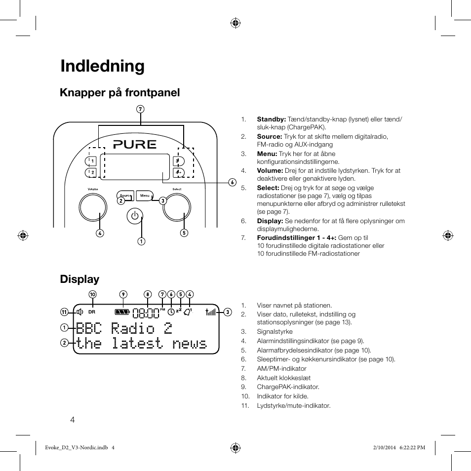 Indledning, The latest news bbc radio 2, Knapper på frontpanel | Display | Pure Evoke D2 User Manual | Page 22 / 36
