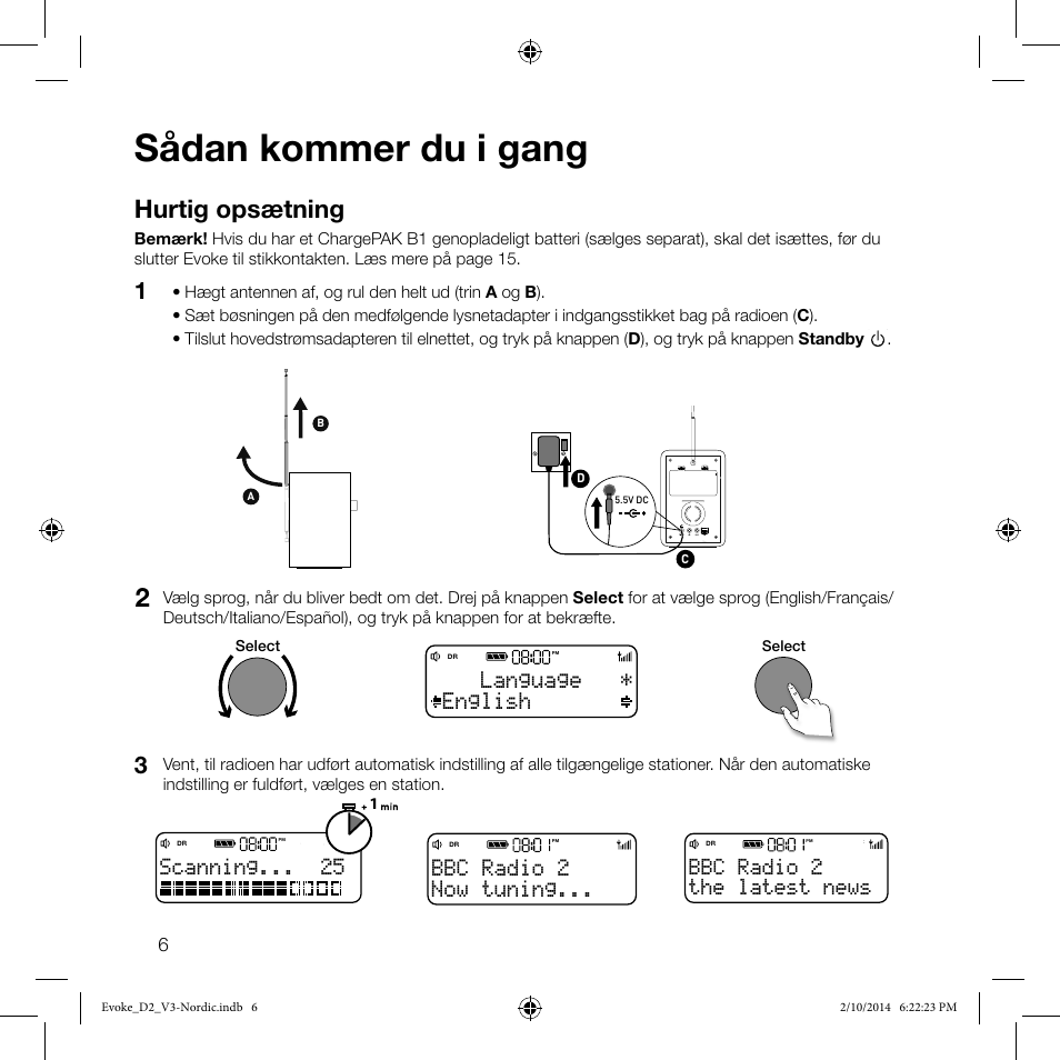 Sådan kommer du i gang, Hurtig opsætning, English language | The latest news bbc radio 2 scanning, Now tuning... bbc radio 2 | Pure Evoke D2 User Manual | Page 24 / 36