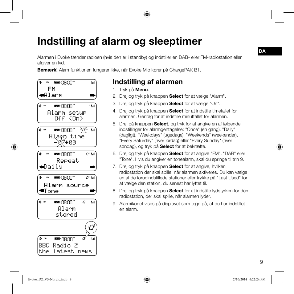 Indstilling af alarm og sleeptimer, Indstilling af alarmen, The latest news bbc radio 2 | Off <on> alarm setup, 00 alarm time, Stored alarm | Pure Evoke D2 User Manual | Page 27 / 36
