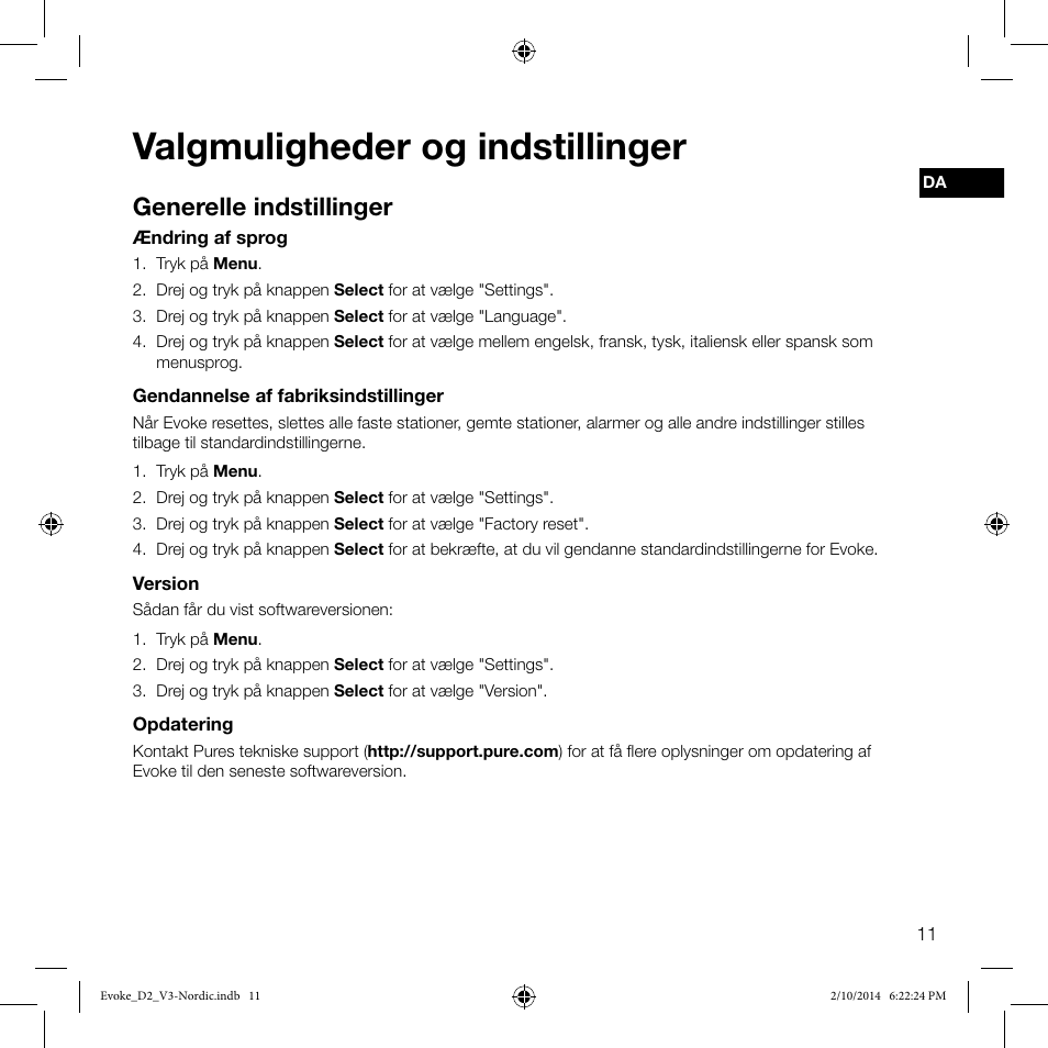 Valgmuligheder og indstillinger, Generelle indstillinger | Pure Evoke D2 User Manual | Page 29 / 36