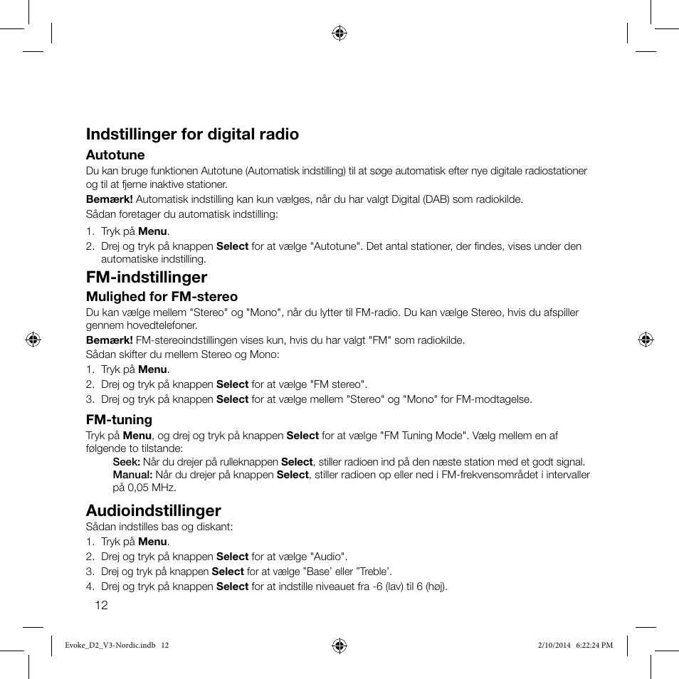 Indstillinger for digital radio, Fm-indstillinger, Audioindstillinger | Pure Evoke D2 User Manual | Page 30 / 36