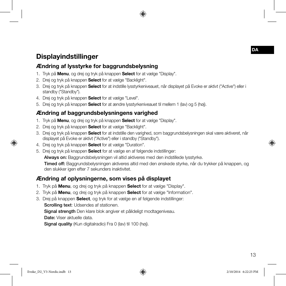 Displayindstillinger | Pure Evoke D2 User Manual | Page 31 / 36