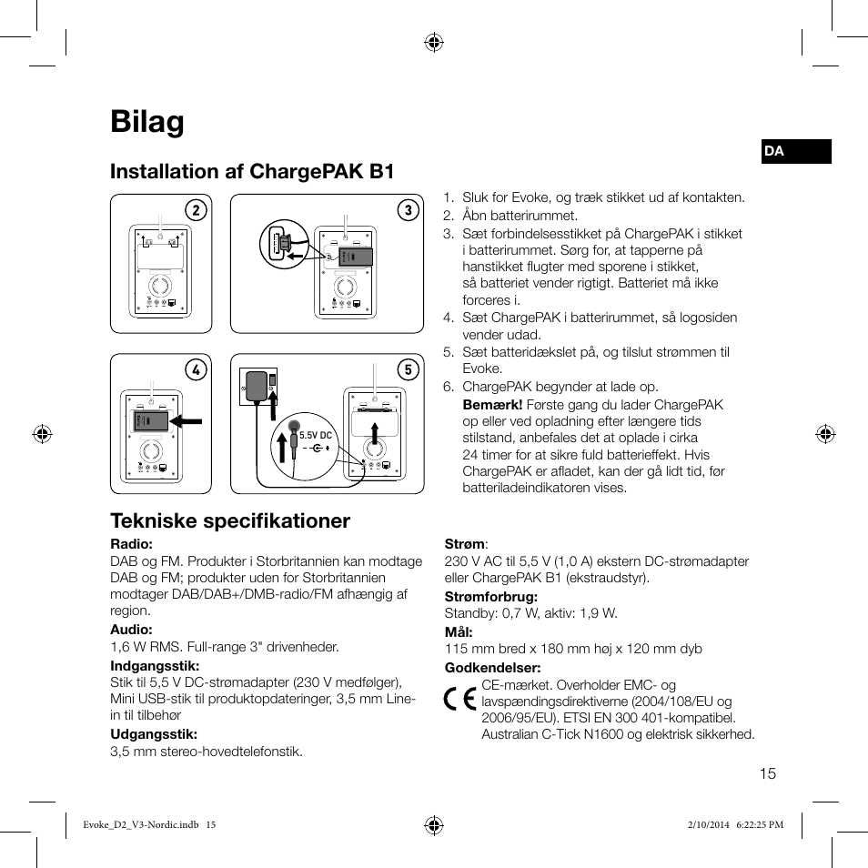 Bilag, Installation af chargepak b1, Tekniske specifikationer | Pure Evoke D2 User Manual | Page 33 / 36
