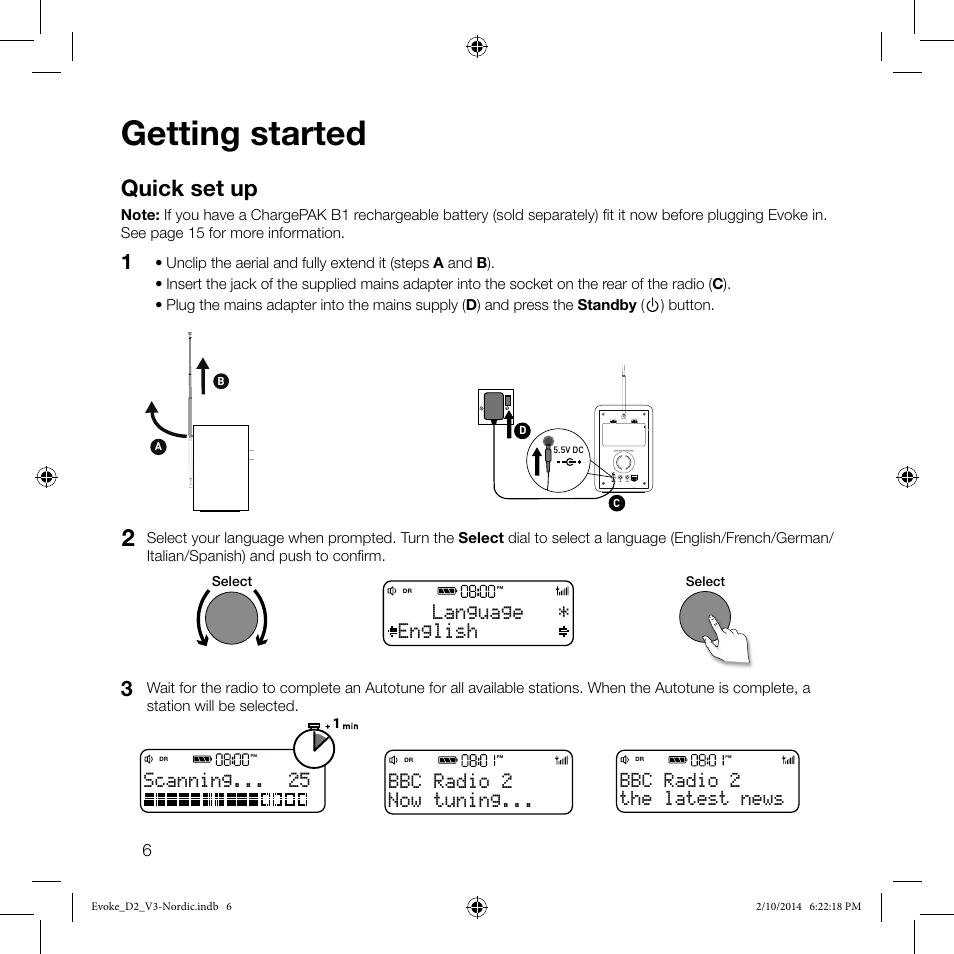 Getting started, Quick set up, English language | The latest news bbc radio 2 scanning, Now tuning... bbc radio 2 | Pure Evoke D2 User Manual | Page 8 / 36