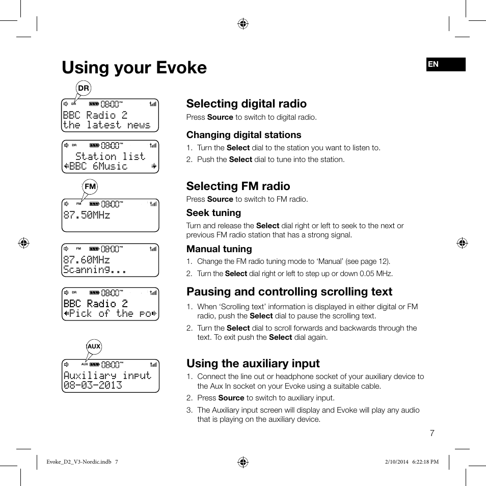 50mhz the latest news bbc radio 2, Using your evoke, Selecting digital radio | Selecting fm radio, Using the auxiliary input, Pausing and controlling scrolling text, The latest news bbc radio 2, Bbc 6music station list, Pick of the po bbc radio 2 bbc radio 2 | Pure Evoke D2 User Manual | Page 9 / 36