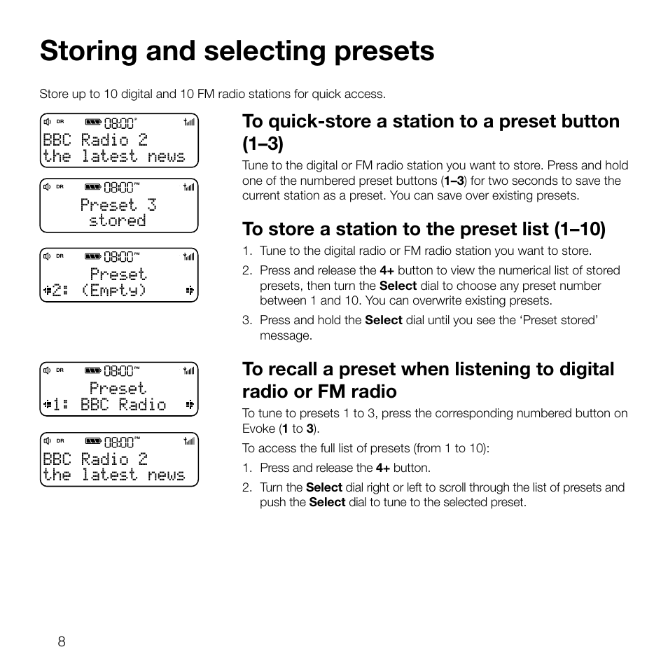 Storing and selecting presets, Stored preset 3, (empty) preset the latest news bbc radio 2 | Bbc radio preset the latest news bbc radio 2 | Pure Evoke D2 User Manual | Page 10 / 104