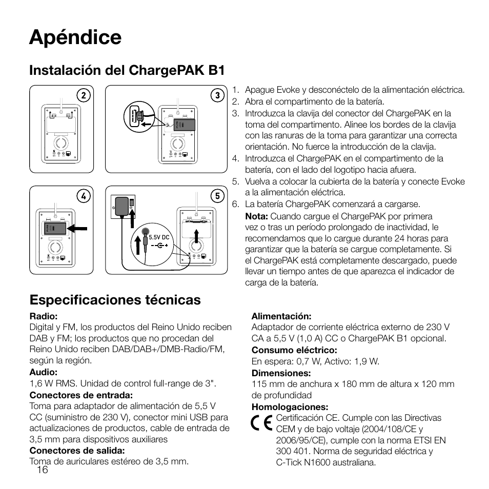 Apéndice, Instalación del chargepak b1, Especificaciones técnicas | Pure Evoke D2 User Manual | Page 100 / 104
