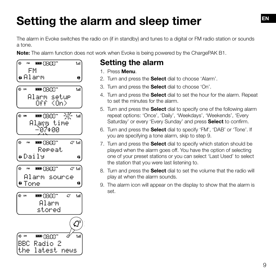 Setting the alarm and sleep timer, Setting the alarm, The latest news bbc radio 2 | Off <on> alarm setup, 00 alarm time, Stored alarm, Fm alarm, Repeat daily, Alarm source tone | Pure Evoke D2 User Manual | Page 11 / 104