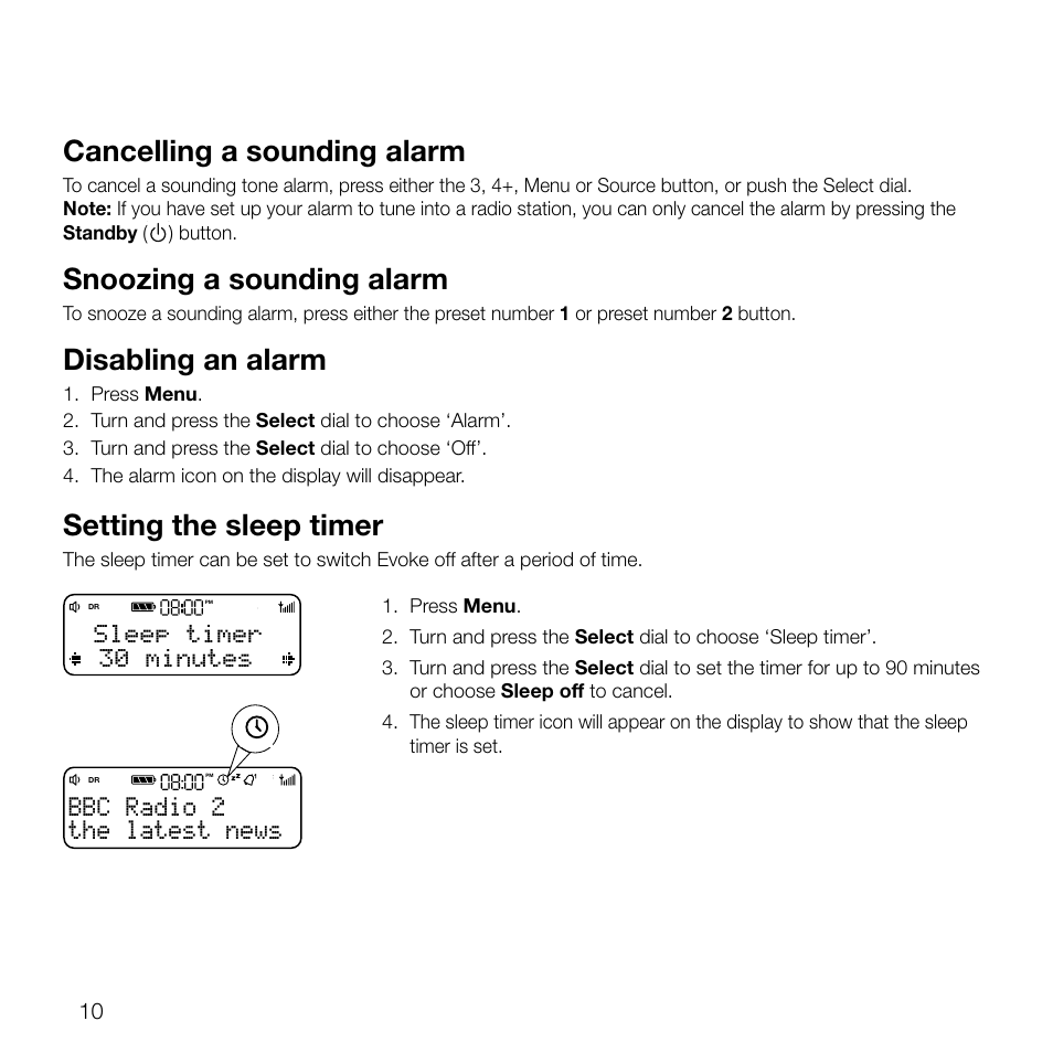 Cancelling a sounding alarm, Snoozing a sounding alarm, Disabling an alarm | Setting the sleep timer, The latest news bbc radio 2, Sleep timer 30 minutes | Pure Evoke D2 User Manual | Page 12 / 104
