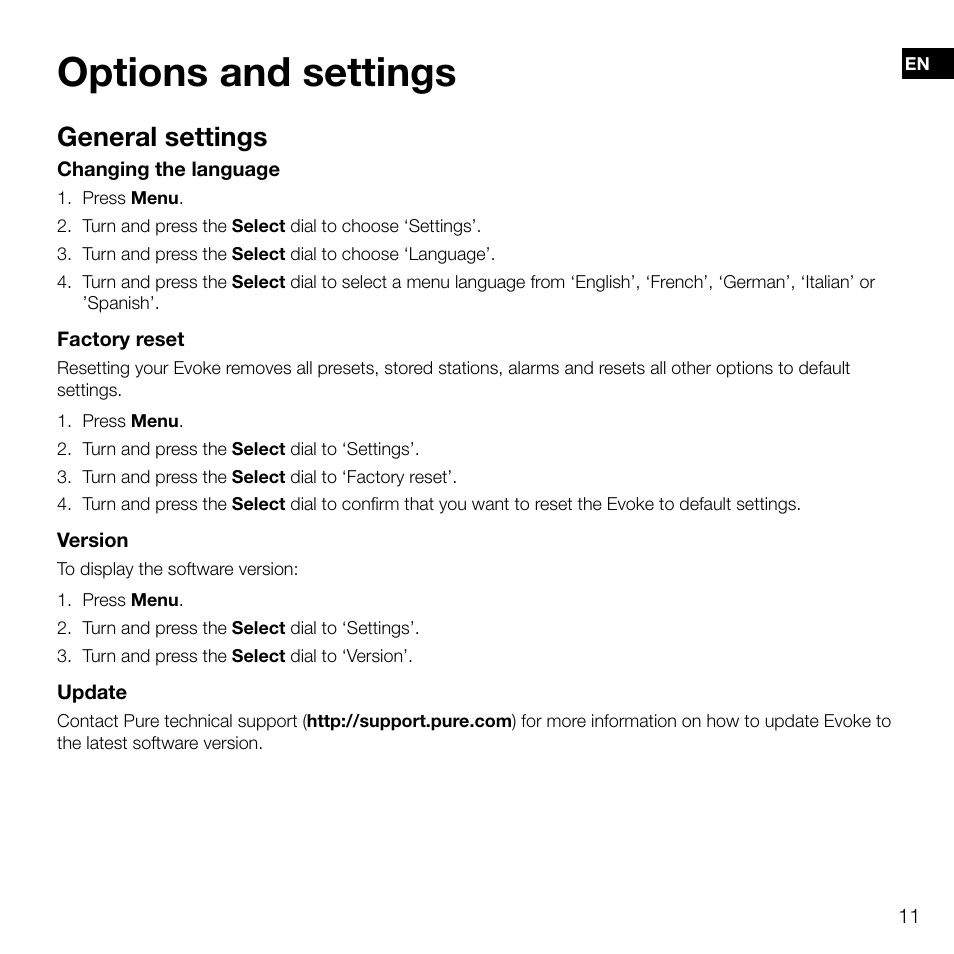 Options and settings, General settings | Pure Evoke D2 User Manual | Page 13 / 104