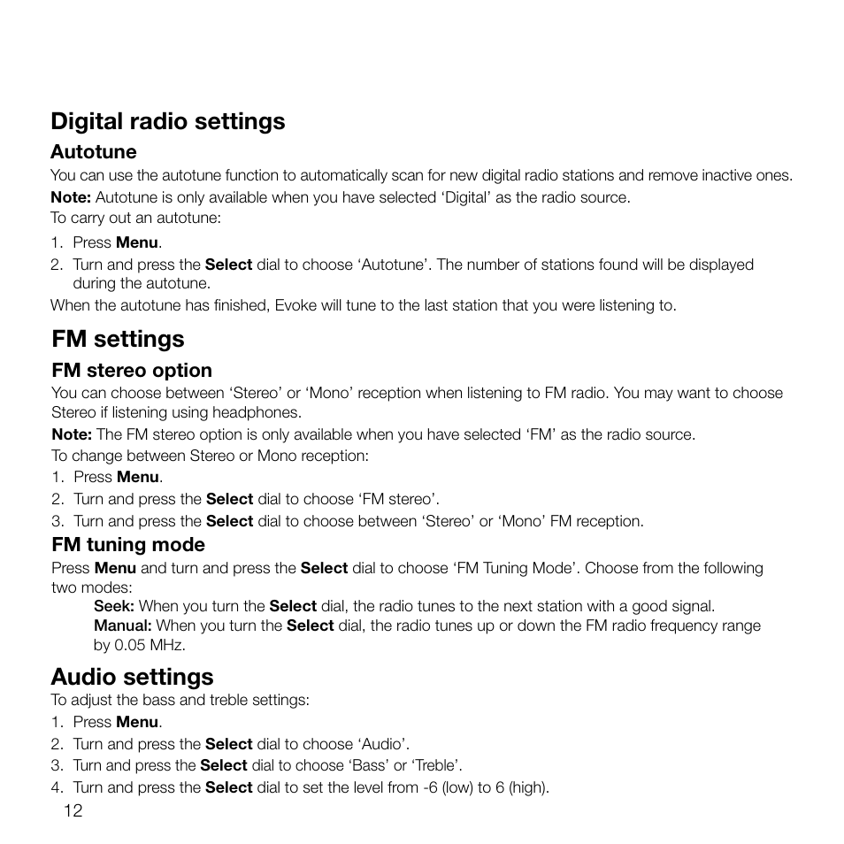 Digital radio settings, Fm settings, Audio settings | Autotune, Fm stereo option, Fm tuning mode | Pure Evoke D2 User Manual | Page 14 / 104