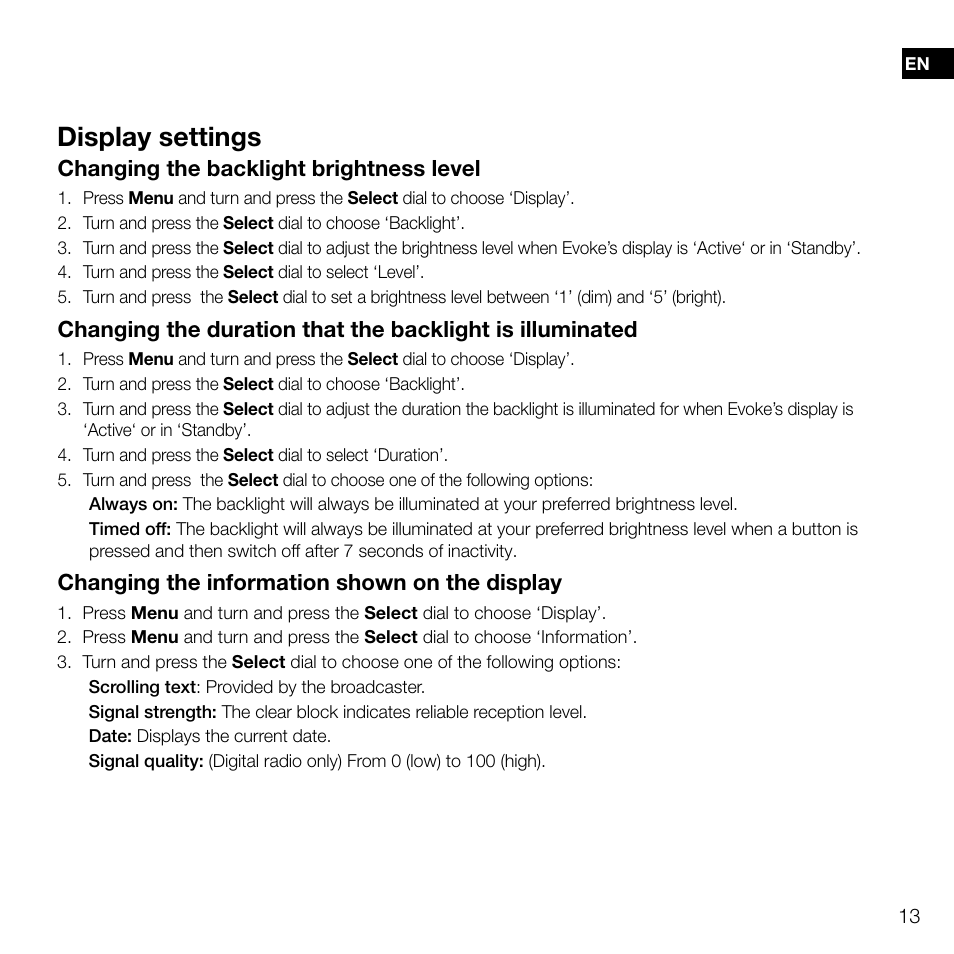 Display settings, Changing the information shown on the display, Changing the backlight brightness level | Pure Evoke D2 User Manual | Page 15 / 104