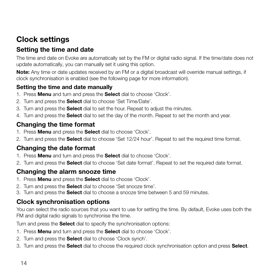 Clock settings, Setting the time and date, Changing the time format | Changing the date format, Clock synchronisation options, Changing the alarm snooze time | Pure Evoke D2 User Manual | Page 16 / 104