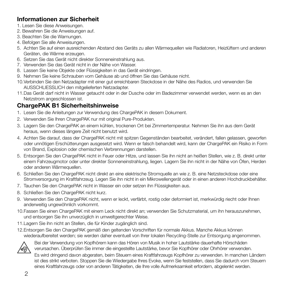 2informationen zur sicherheit, Chargepak b1 sicherheitshinweise | Pure Evoke D2 User Manual | Page 20 / 104