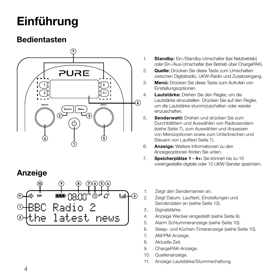 Einführung, The latest news bbc radio 2, Bedientasten | Anzeige | Pure Evoke D2 User Manual | Page 22 / 104
