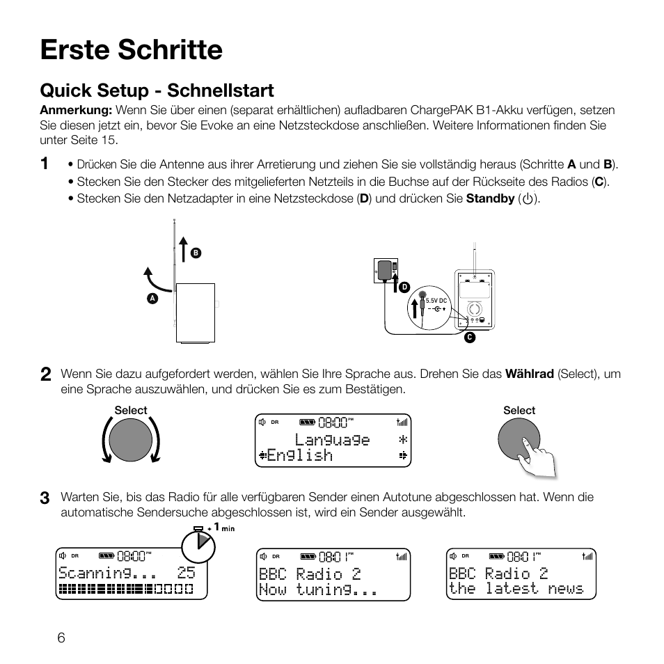 Erste schritte, Quick setup - schnellstart, Scanning | Now tuning... bbc radio 2, English language, The latest news bbc radio 2 | Pure Evoke D2 User Manual | Page 24 / 104
