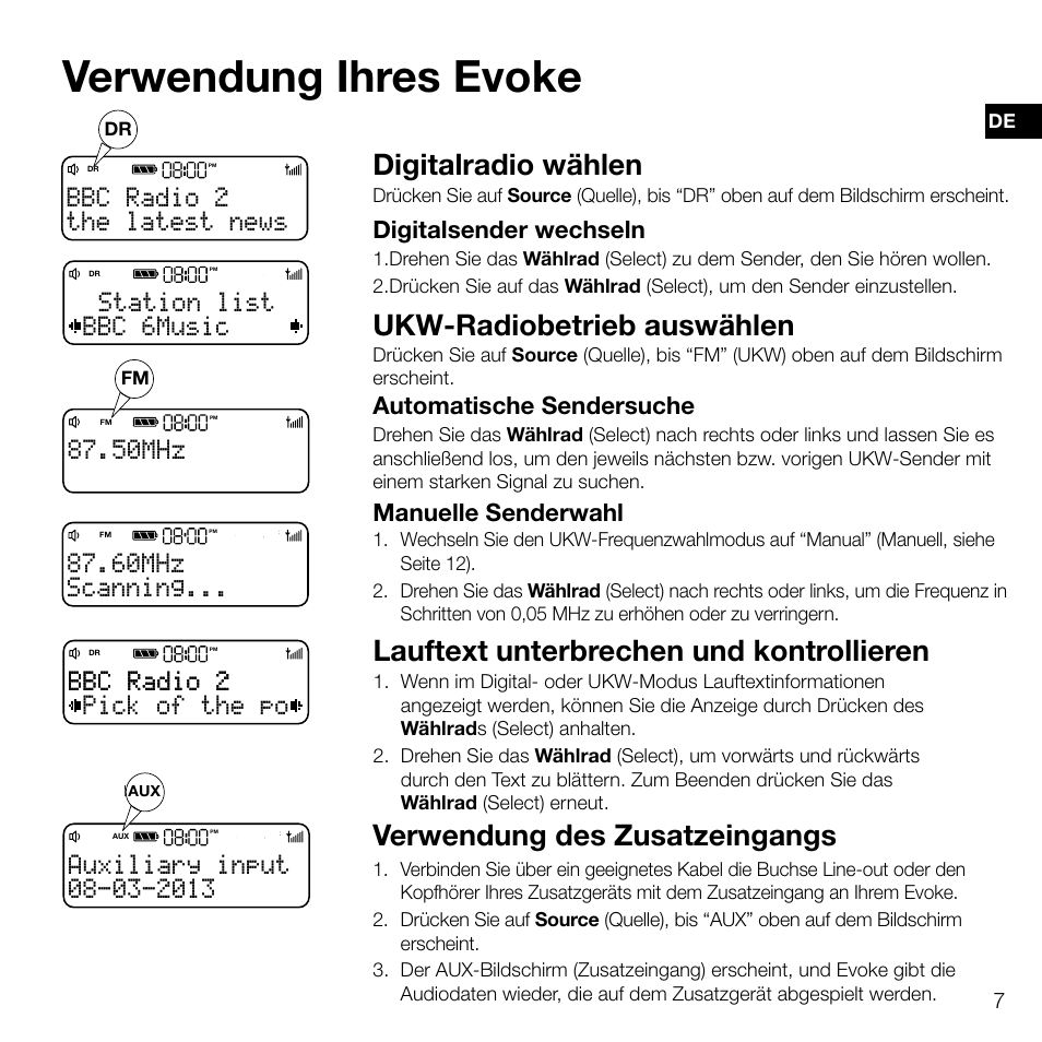 50mhz the latest news bbc radio 2, Verwendung ihres evoke, Digitalradio wählen | Ukw-radiobetrieb auswählen, Verwendung des zusatzeingangs, Lauftext unterbrechen und kontrollieren, The latest news bbc radio 2, Bbc 6music station list, Pick of the po bbc radio 2 bbc radio 2 | Pure Evoke D2 User Manual | Page 25 / 104