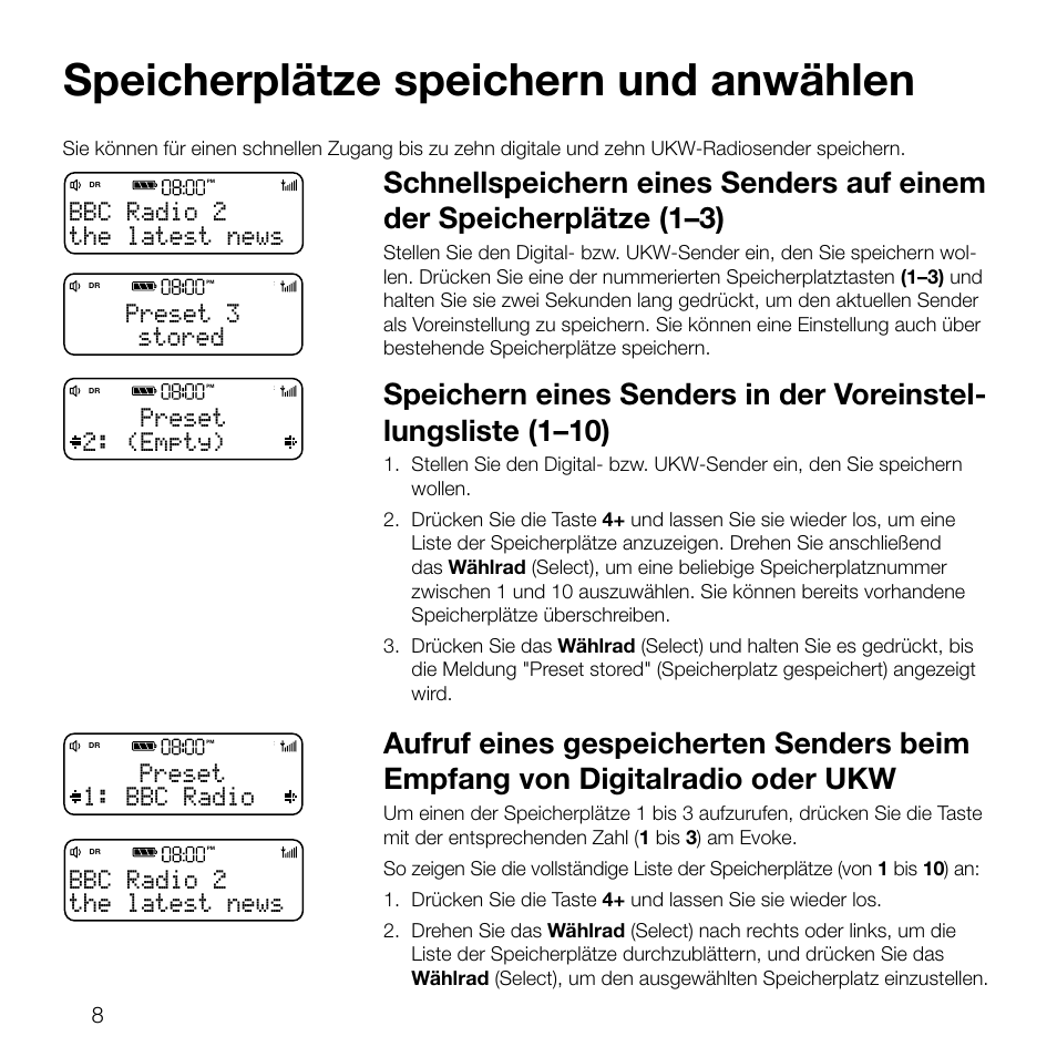 Speicherplätze speichern und anwählen, Stored preset 3, (empty) preset the latest news bbc radio 2 | Bbc radio preset the latest news bbc radio 2 | Pure Evoke D2 User Manual | Page 26 / 104