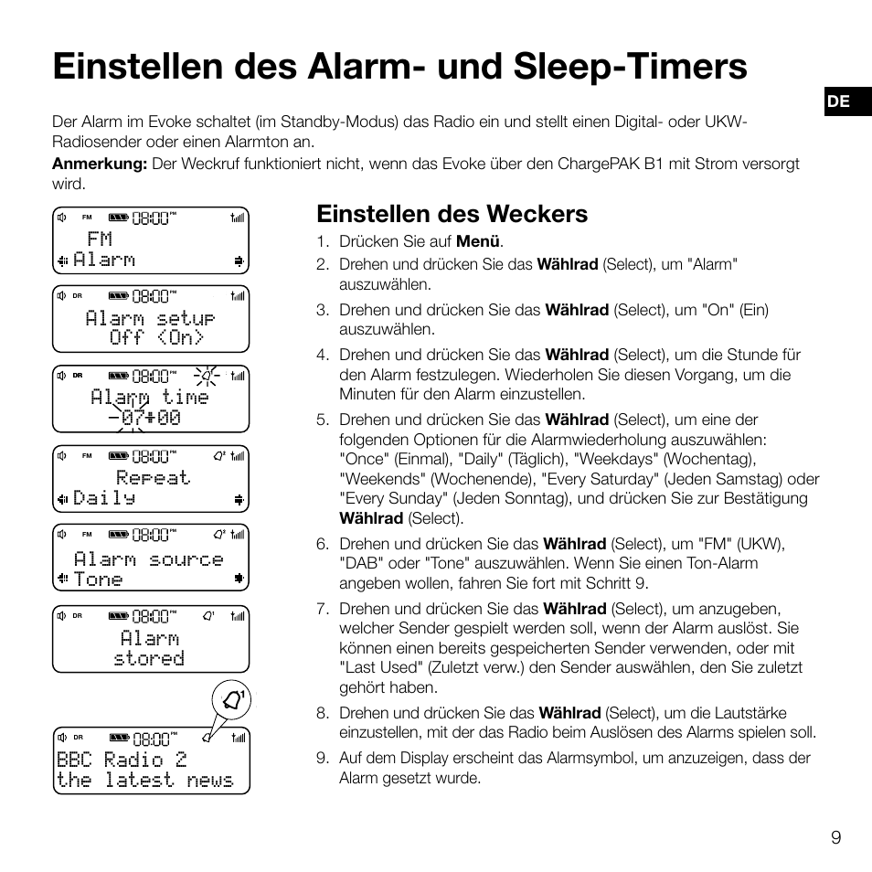 Einstellen des alarm- und sleep-timers, Einstellen des weckers, The latest news bbc radio 2 | Off <on> alarm setup, 00 alarm time, Stored alarm, Fm alarm, Repeat daily, Alarm source tone | Pure Evoke D2 User Manual | Page 27 / 104