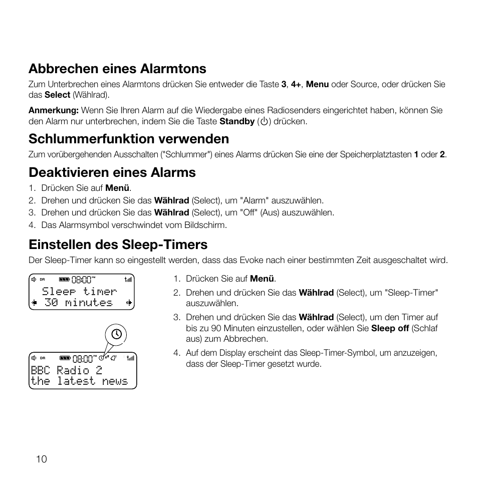 Abbrechen eines alarmtons, Schlummerfunktion verwenden, Deaktivieren eines alarms | Einstellen des sleep-timers, The latest news bbc radio 2, Sleep timer 30 minutes | Pure Evoke D2 User Manual | Page 28 / 104