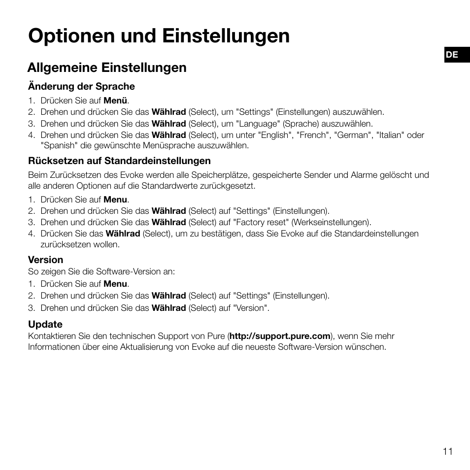 Optionen und einstellungen, Allgemeine einstellungen | Pure Evoke D2 User Manual | Page 29 / 104