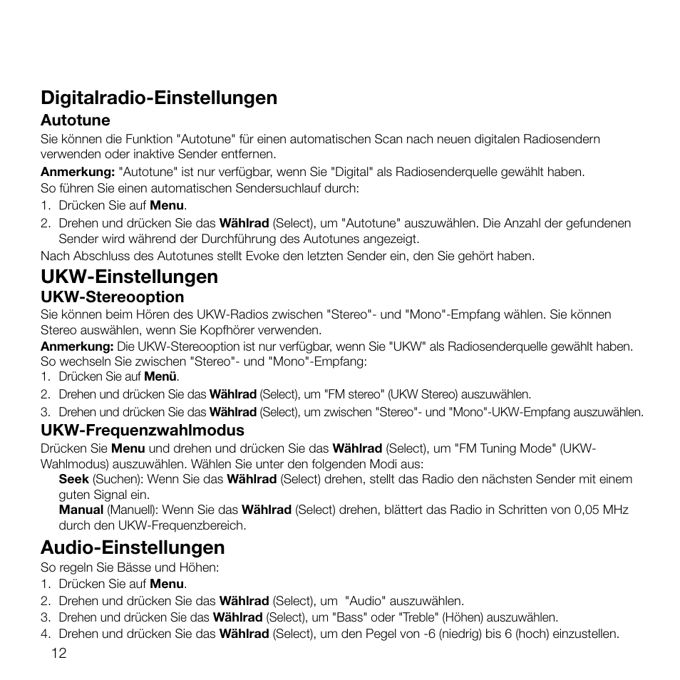 Digitalradio-einstellungen, Ukw-einstellungen, Audio-einstellungen | Autotune, Ukw-stereooption, Ukw-frequenzwahlmodus | Pure Evoke D2 User Manual | Page 30 / 104