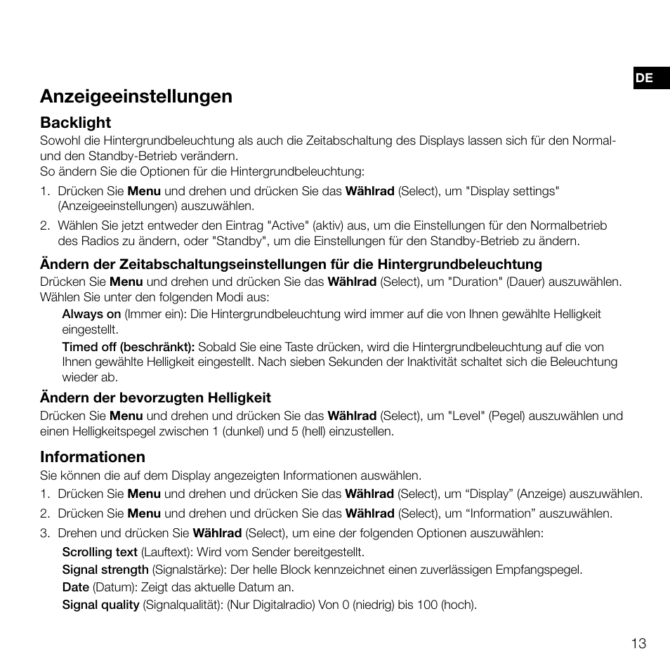 Anzeigeeinstellungen, Backlight, Informationen | Pure Evoke D2 User Manual | Page 31 / 104