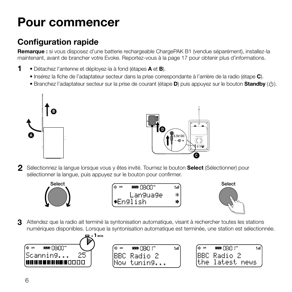 Pour commencer, Configuration rapide, English language | Scanning, Now tuning... bbc radio 2, The latest news bbc radio 2 | Pure Evoke D2 User Manual | Page 40 / 104