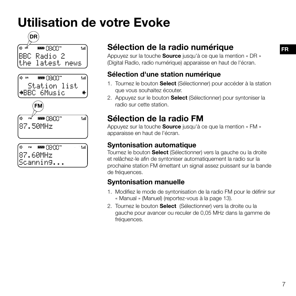 50mhz the latest news bbc radio 2, Utilisation de votre evoke, Sélection de la radio numérique | Sélection de la radio fm, The latest news bbc radio 2, Bbc 6music station list | Pure Evoke D2 User Manual | Page 41 / 104