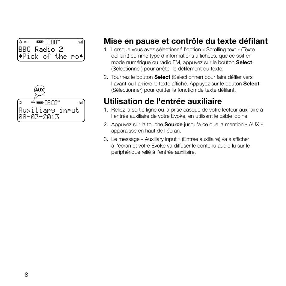 Mise en pause et contrôle du texte défilant, Utilisation de l'entrée auxiliaire, Pick of the po bbc radio 2 bbc radio 2 | Pure Evoke D2 User Manual | Page 42 / 104