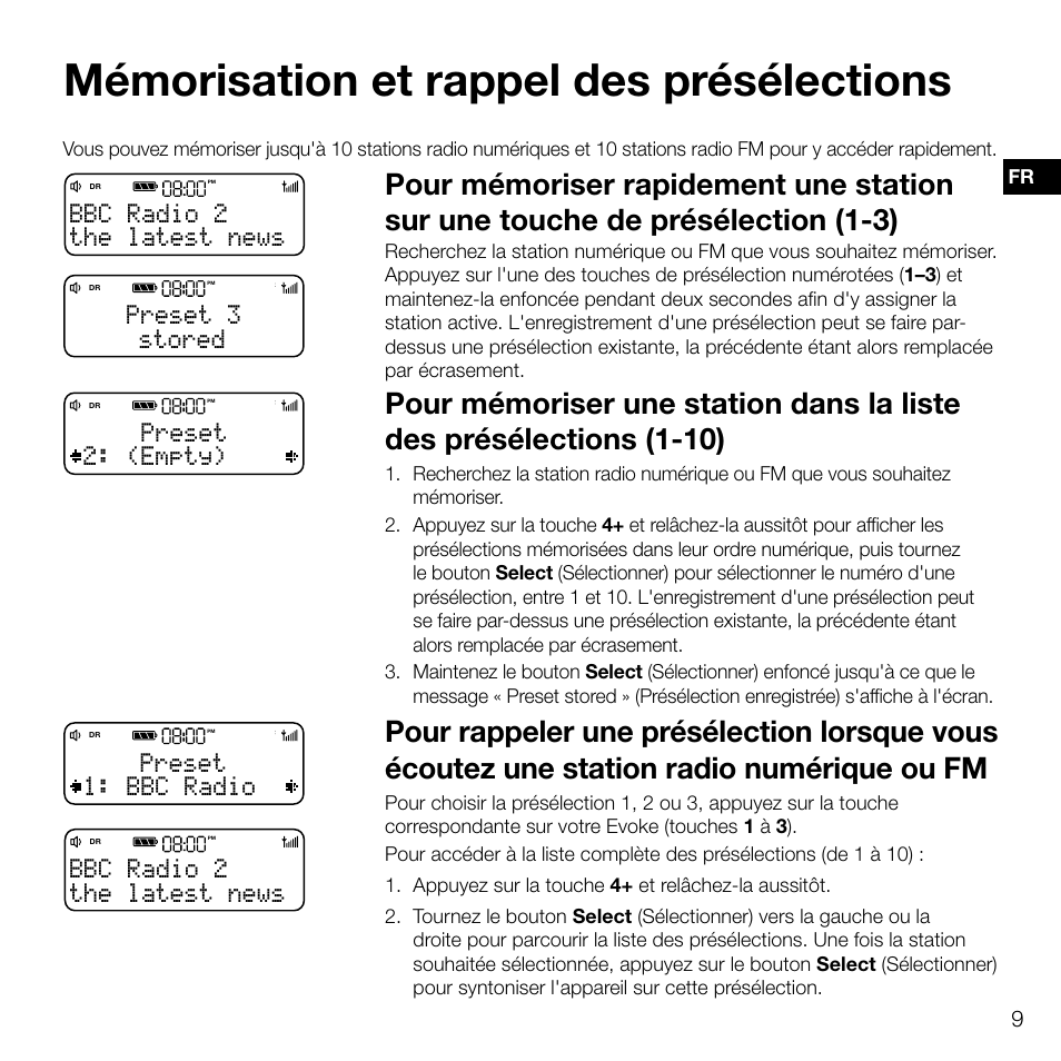 Mémorisation et rappel des présélections, Stored preset 3, (empty) preset the latest news bbc radio 2 | Bbc radio preset the latest news bbc radio 2 | Pure Evoke D2 User Manual | Page 43 / 104