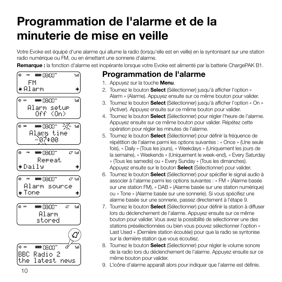 Programmation de l'alarme, The latest news bbc radio 2, Off <on> alarm setup | 00 alarm time, Stored alarm, Fm alarm, Repeat daily, Alarm source tone | Pure Evoke D2 User Manual | Page 44 / 104