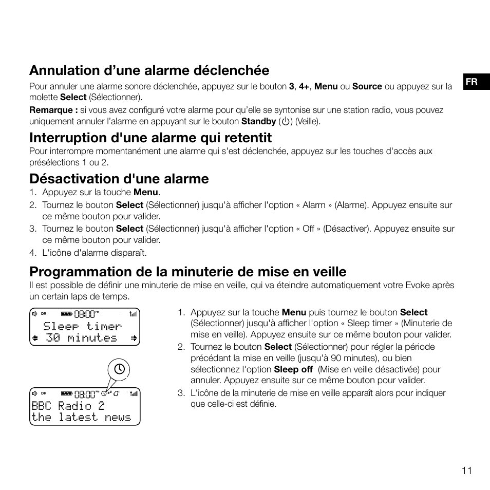 Annulation d’une alarme déclenchée, Interruption d'une alarme qui retentit, Désactivation d'une alarme | Programmation de la minuterie de mise en veille, The latest news bbc radio 2, Sleep timer 30 minutes | Pure Evoke D2 User Manual | Page 45 / 104