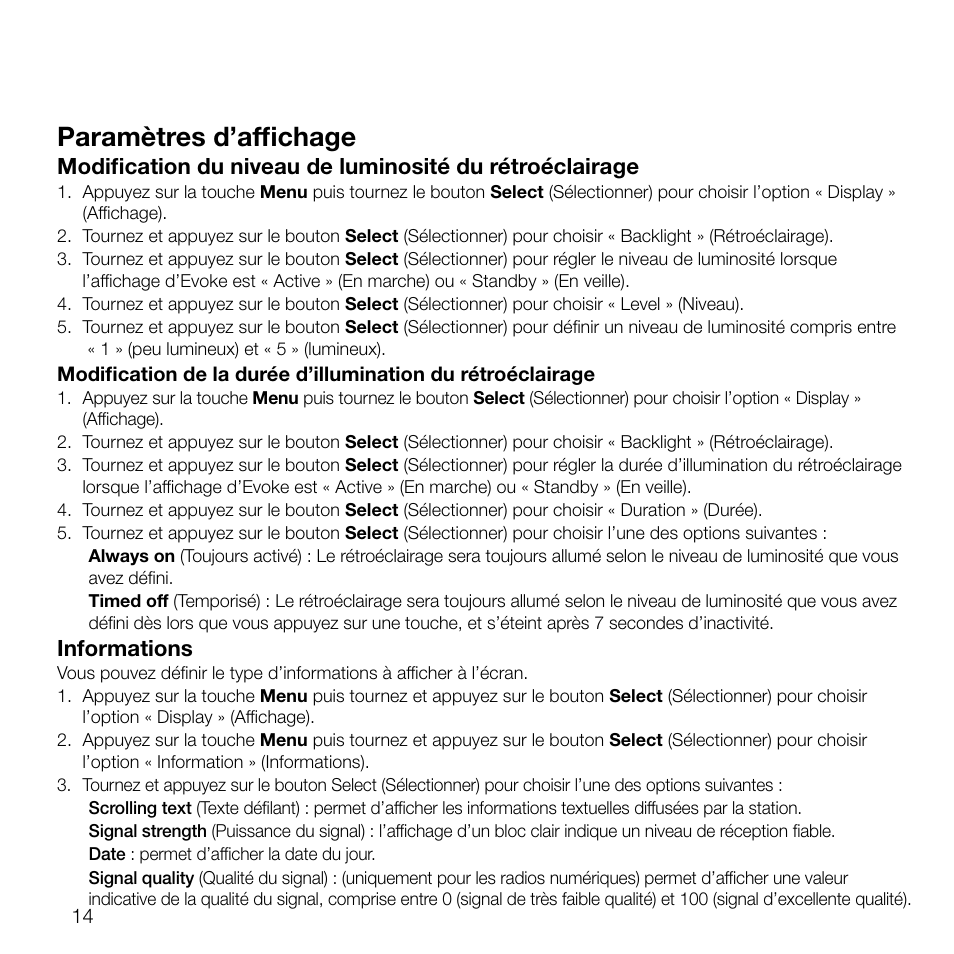 Paramètres d’affichage, Informations | Pure Evoke D2 User Manual | Page 48 / 104