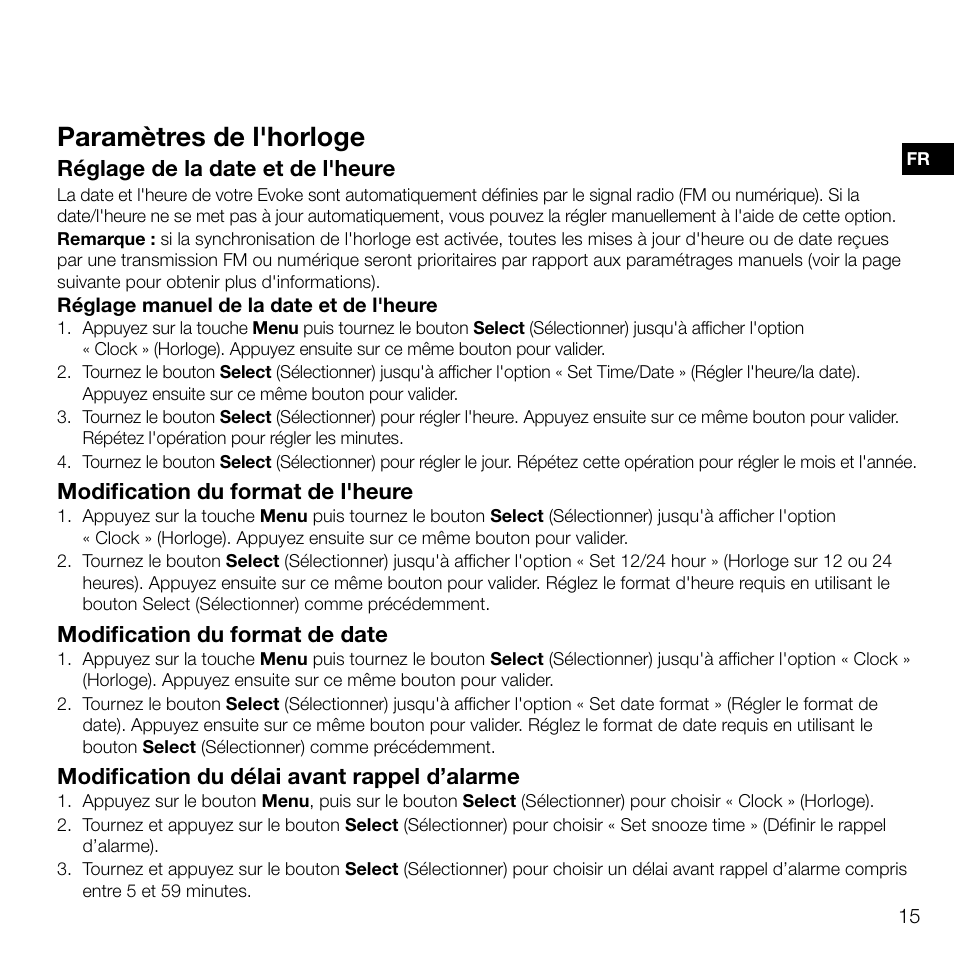 Paramètres de l'horloge, Réglage de la date et de l'heure, Modification du format de l'heure | Modification du format de date, Modification du délai avant rappel d’alarme | Pure Evoke D2 User Manual | Page 49 / 104