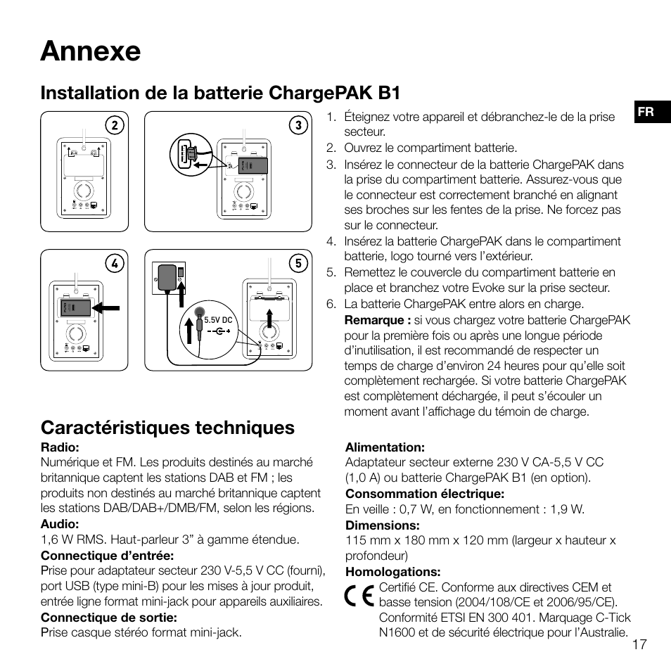 Annexe, Installation de la batterie chargepak b1, Caractéristiques techniques | Pure Evoke D2 User Manual | Page 51 / 104