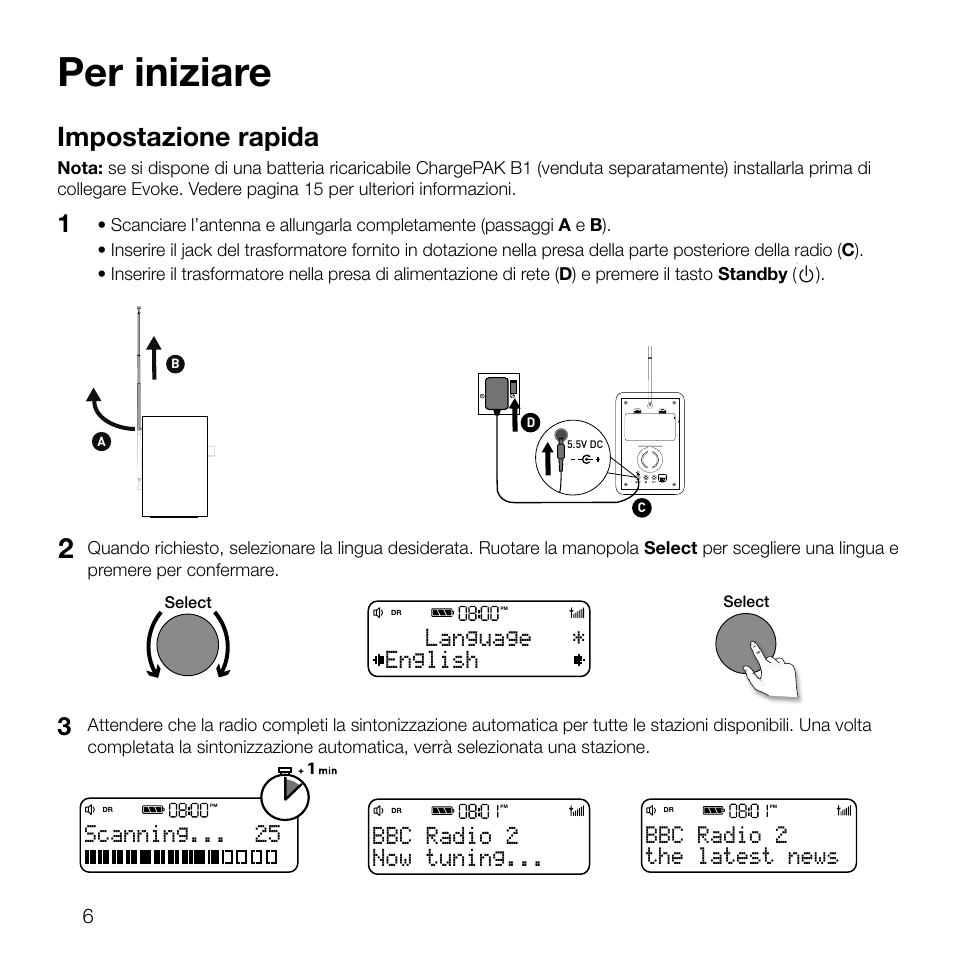 Per iniziare, Impostazione rapida, English language | Scanning, Now tuning... bbc radio 2, The latest news bbc radio 2 | Pure Evoke D2 User Manual | Page 58 / 104