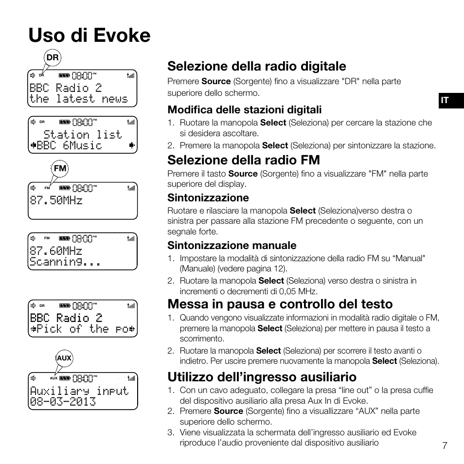 50mhz the latest news bbc radio 2, Uso di evoke, Selezione della radio digitale | Selezione della radio fm, Messa in pausa e controllo del testo, Utilizzo dell’ingresso ausiliario, The latest news bbc radio 2, Bbc 6music station list, Pick of the po bbc radio 2 bbc radio 2 | Pure Evoke D2 User Manual | Page 59 / 104