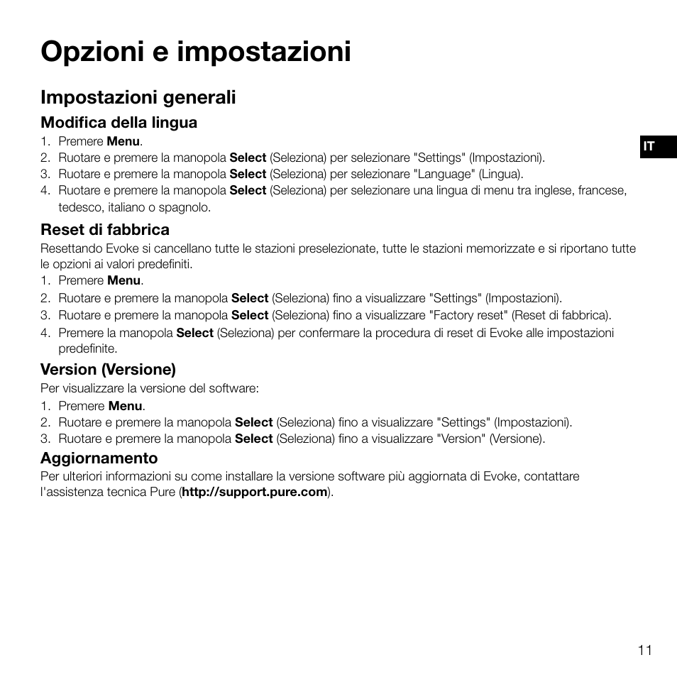Opzioni e impostazioni, Impostazioni generali | Pure Evoke D2 User Manual | Page 63 / 104