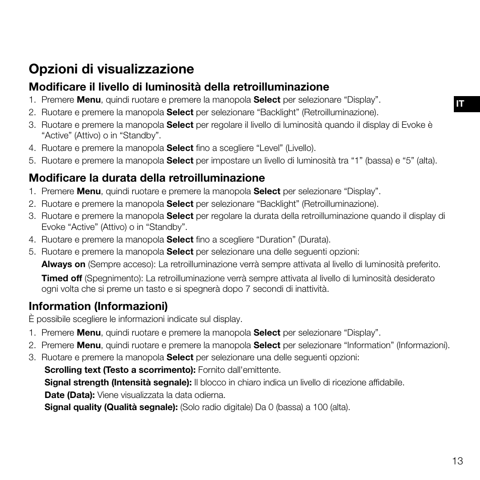 Opzioni di visualizzazione, Eses es, Modificare la durata della retroilluminazione | Information (informazioni) | Pure Evoke D2 User Manual | Page 65 / 104