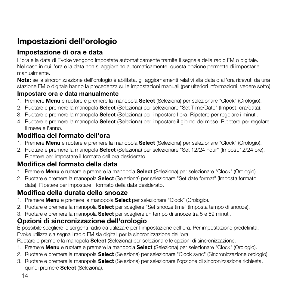 Impostazioni dell'orologio, Impostazione di ora e data, Modifica del formato dell'ora | Modifica del formato della data, Opzioni di sincronizzazione dell'orologio, Modifica della durata dello snooze | Pure Evoke D2 User Manual | Page 66 / 104