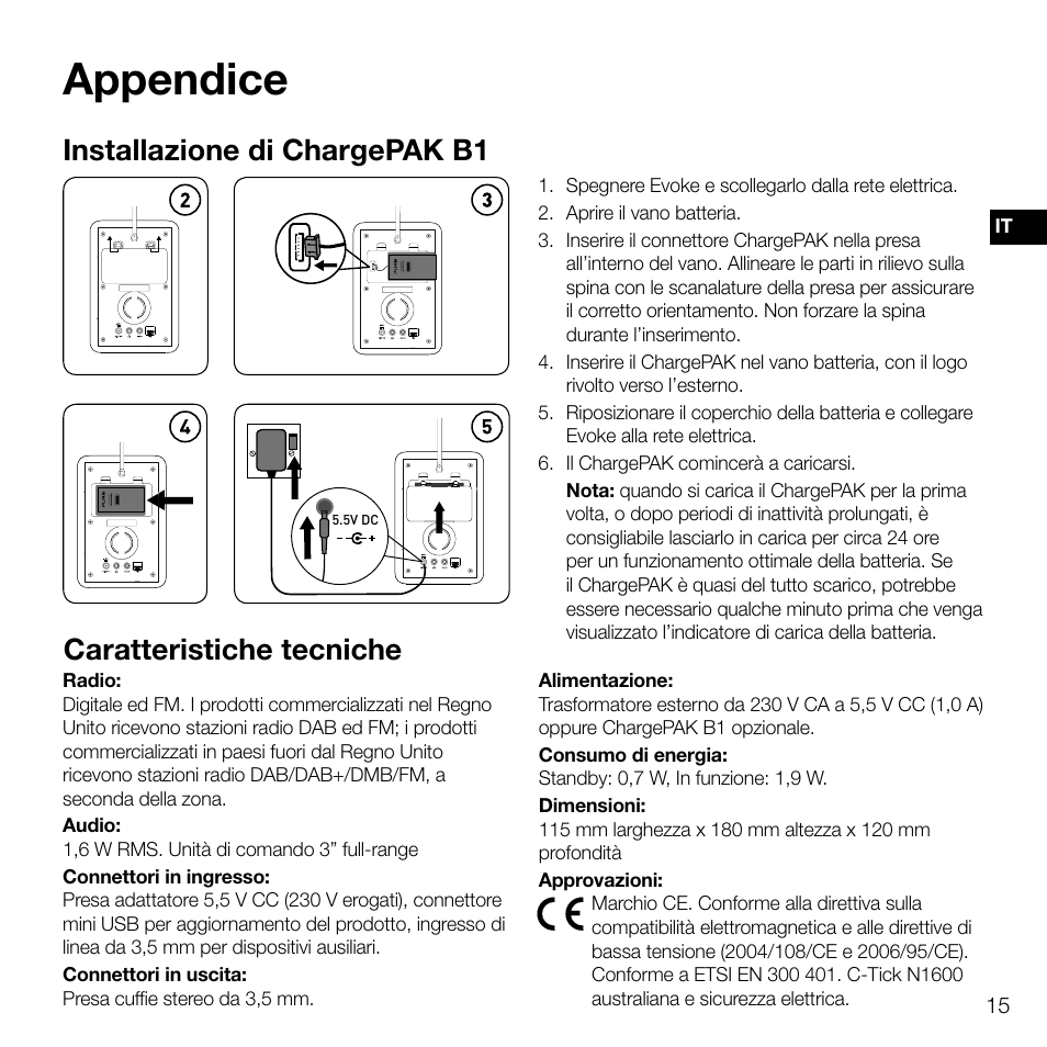 Appendice, Installazione di chargepak b1, Caratteristiche tecniche | Pure Evoke D2 User Manual | Page 67 / 104