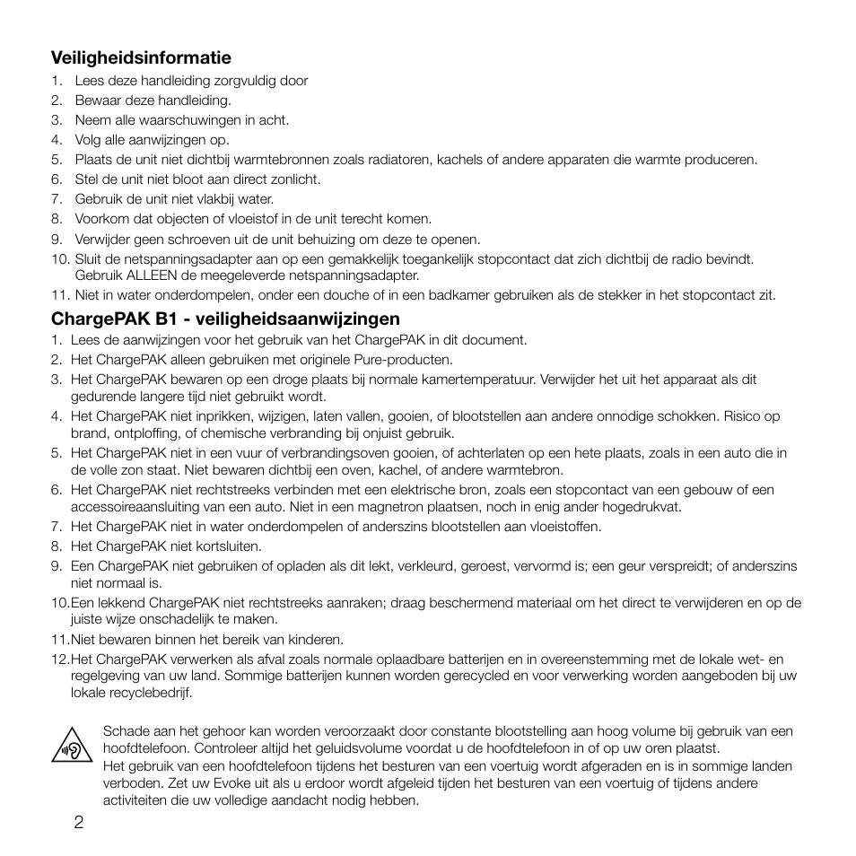 2veiligheidsinformatie, Chargepak b1 - veiligheidsaanwijzingen | Pure Evoke D2 User Manual | Page 70 / 104
