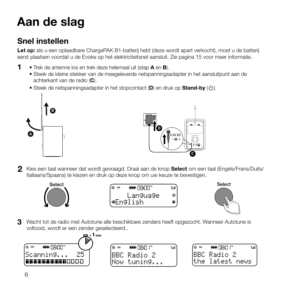 Aan de slag, Snel instellen, English language | Scanning, Now tuning... bbc radio 2, The latest news bbc radio 2 | Pure Evoke D2 User Manual | Page 74 / 104