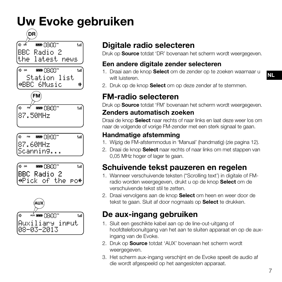 50mhz the latest news bbc radio 2, Uw evoke gebruiken, Digitale radio selecteren | Fm-radio selecteren, De aux-ingang gebruiken, Schuivende tekst pauzeren en regelen, The latest news bbc radio 2, Bbc 6music station list, Pick of the po bbc radio 2 bbc radio 2 | Pure Evoke D2 User Manual | Page 75 / 104