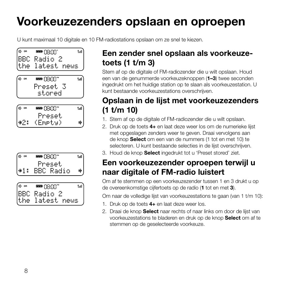 Voorkeuzezenders opslaan en oproepen, Stored preset 3, (empty) preset the latest news bbc radio 2 | Bbc radio preset the latest news bbc radio 2 | Pure Evoke D2 User Manual | Page 76 / 104