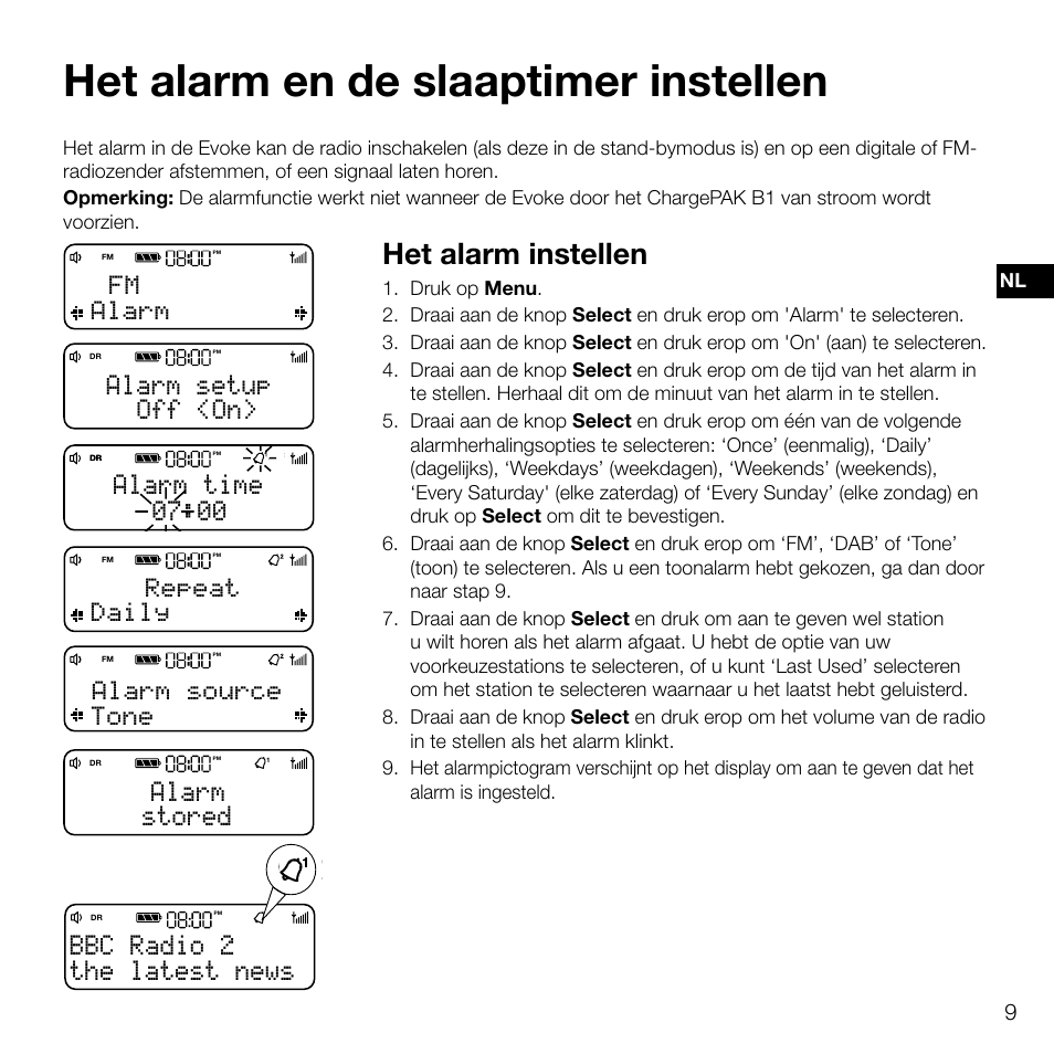 Het alarm en de slaaptimer instellen, Het alarm instellen, The latest news bbc radio 2 | Off <on> alarm setup, 00 alarm time, Stored alarm, Fm alarm, Repeat daily, Alarm source tone | Pure Evoke D2 User Manual | Page 77 / 104