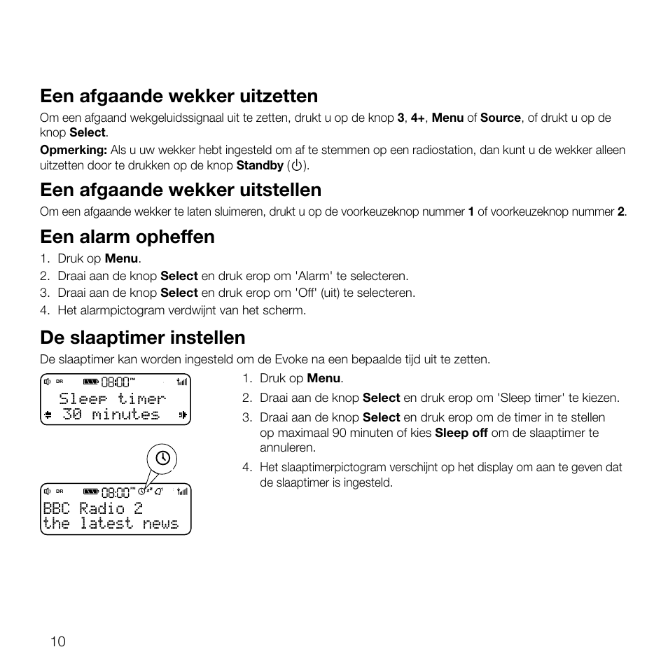 Een afgaande wekker uitzetten, Een afgaande wekker uitstellen, Een alarm opheffen | De slaaptimer instellen, The latest news bbc radio 2, Sleep timer 30 minutes | Pure Evoke D2 User Manual | Page 78 / 104